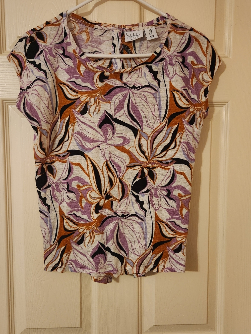 Nicole Miller Floral Short Sleeve Knit Top in Lavender, Black & Mustard